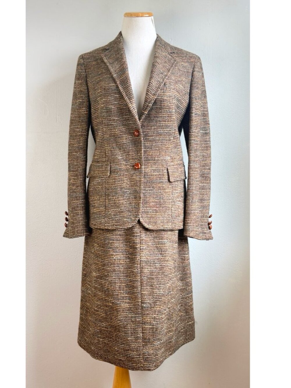 Vintage Brown Woven Tweed Wool Womens Suit Set Size Small 6 Blazer & Skirt Work